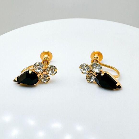 Vintage 1950s Screw Back Earrings Sparkling Clear Black Rhinestones Art Deco - Picture 3 of 9